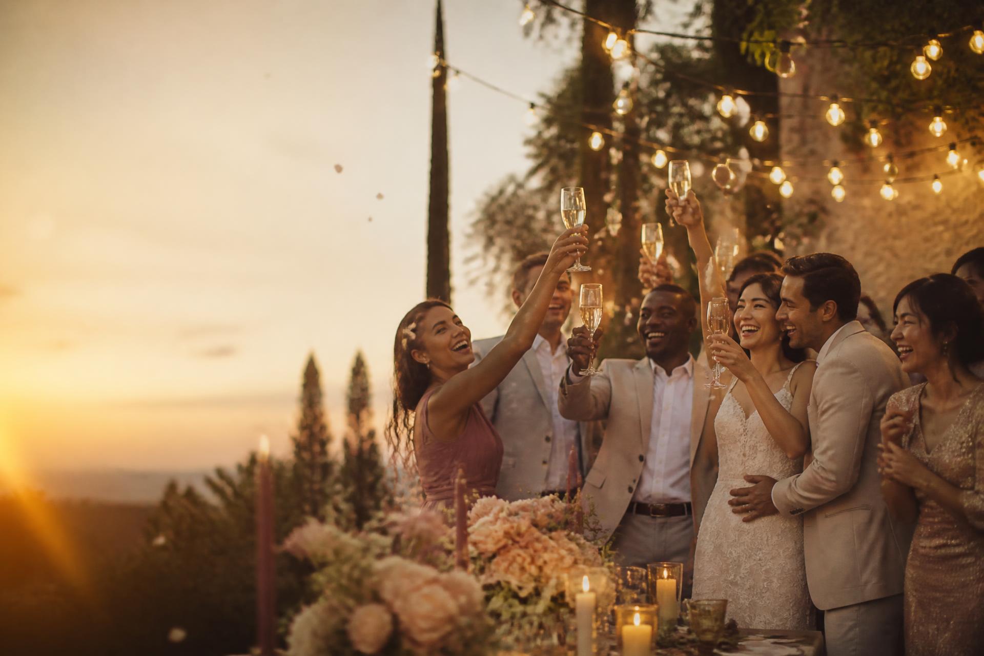 Friends and a newly married couple raising champagne glasses together beneath warm string lights at a candlelit evening reception